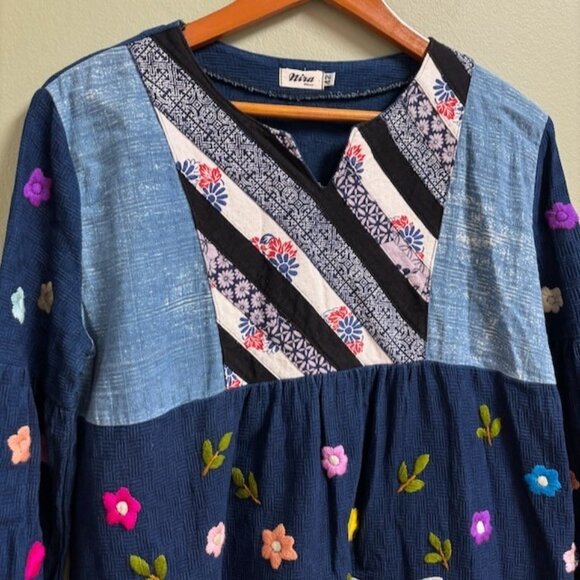 Mira Closet Womens Embroidered Lagenlook Tunic Top Artsy Size *L Cat Dog Flowers - Picture 2 of 9